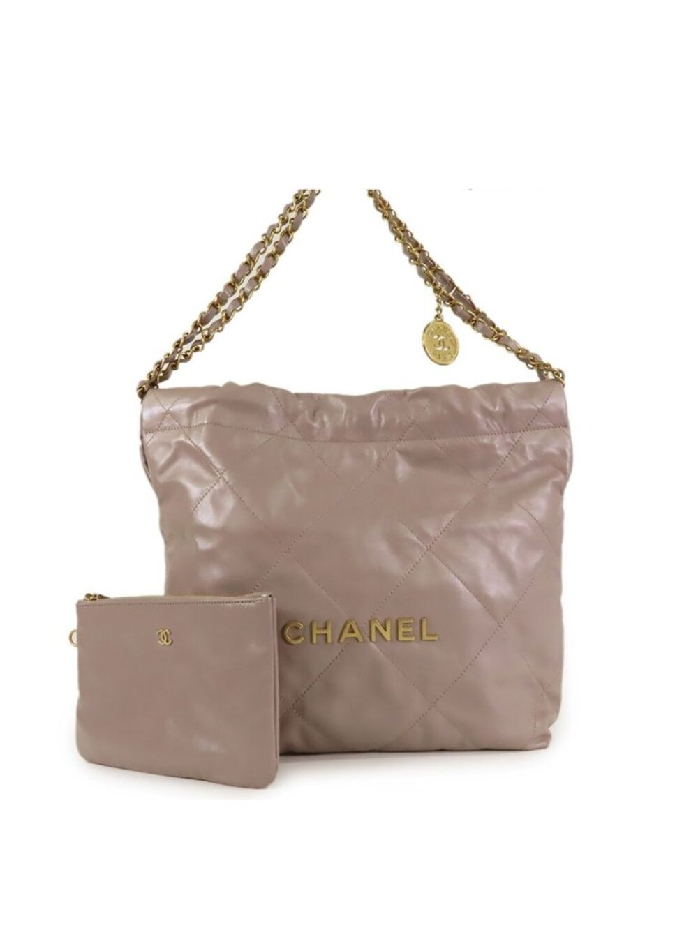 Chanel 22 Small Gray Beige Gold Shiny Calfskin Chain Shoulder Bag